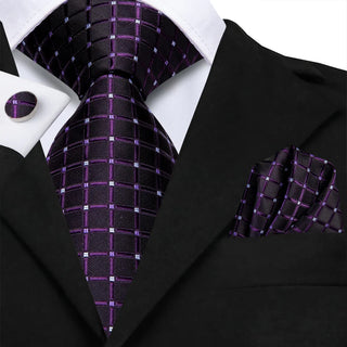 New Purple Jacquard Plaid Silk Necktie Pocket Square Cufflinks Set