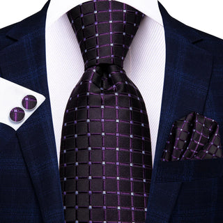 New Purple Jacquard Plaid Silk Necktie Pocket Square Cufflinks Set