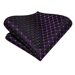 New Purple Jacquard Plaid Silk Necktie Pocket Square Cufflinks Set