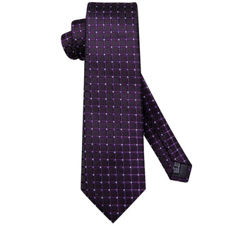 New Purple Jacquard Plaid Silk Necktie Pocket Square Cufflinks Set