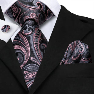 New Pink Grey Paisley Silk Necktie Pocket Square Cufflinks Set