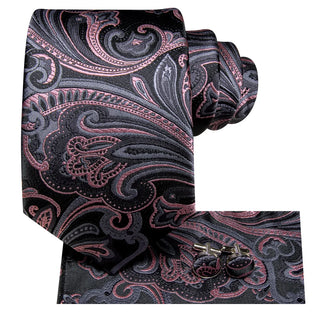 New Pink Grey Paisley Silk Necktie Pocket Square Cufflinks Set