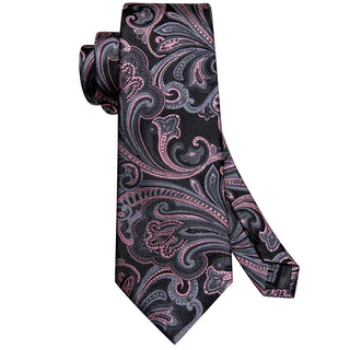 New Pink Grey Paisley Silk Necktie Pocket Square Cufflinks Set