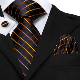 Black Checkered Gold Plaid Silk Necktie Pocket Square Cufflinks Set