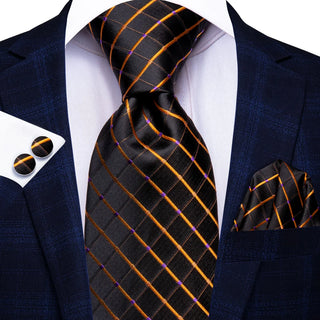 Black Checkered Gold Plaid Silk Necktie Pocket Square Cufflinks Set