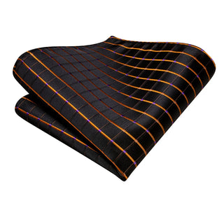 Black Checkered Gold Plaid Silk Necktie Pocket Square Cufflinks Set