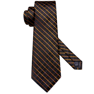 Black Checkered Gold Plaid Silk Necktie Pocket Square Cufflinks Set