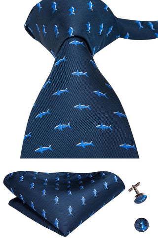 Blue Novelty Pattern Silk Necktie Pocket Square Cufflinks Set