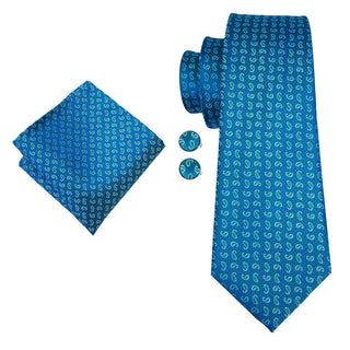 Blue Paisley Classic Silk Necktie Pocket Square Cufflinks Set