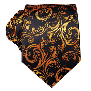 Black Gold Floral Silk Necktie Pocket Square Cufflinks Set