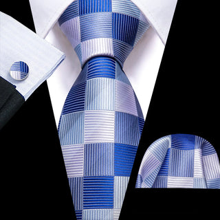 New Gradient Blue Grey Plaid Silk Necktie Pocket Square Cufflinks Set