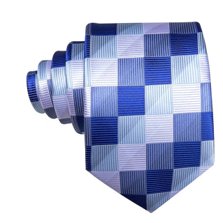 New Gradient Blue Grey Plaid Silk Necktie Pocket Square Cufflinks Set