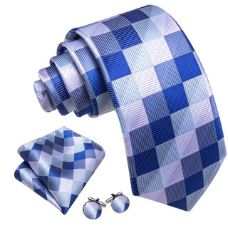 New Gradient Blue Grey Plaid Silk Necktie Pocket Square Cufflinks Set