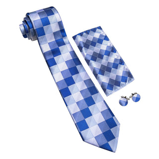 New Gradient Blue Grey Plaid Silk Necktie Pocket Square Cufflinks Set