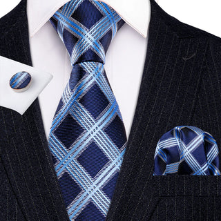 New Blue Plaid Silk Necktie Pocket Square Cufflinks Set