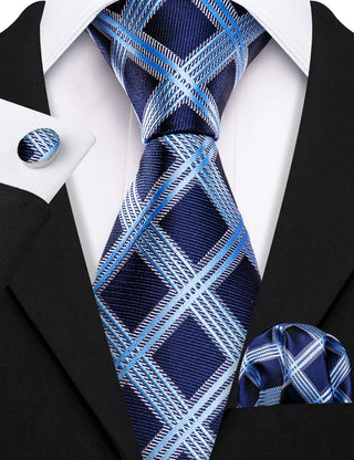 New Blue Plaid Silk Necktie Pocket Square Cufflinks Set