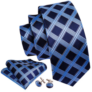 New Blue Plaid Silk Necktie Pocket Square Cufflinks Set