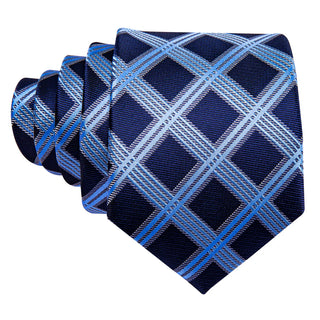 New Blue Plaid Silk Necktie Pocket Square Cufflinks Set