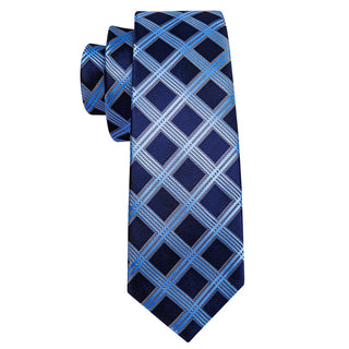 New Blue Plaid Silk Necktie Pocket Square Cufflinks Set