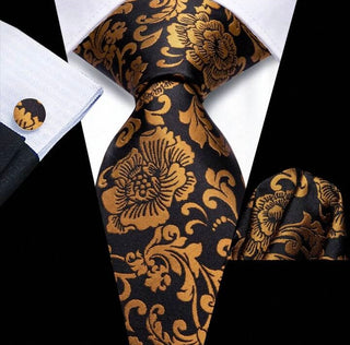 Black Golden Floral Silk Necktie Pocket Square Cufflinks Set