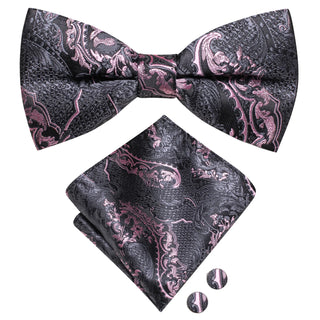 Grey Pink Paisley Pre-tied Bow Tie Pocket Square Cufflinks Set