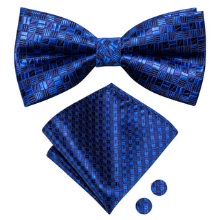 Royal Blue Plaid Pre-tied Bow Tie Pocket Square Cufflinks Set