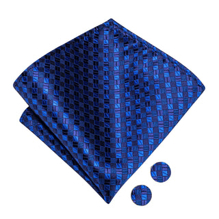 Royal Blue Plaid Pre-tied Bow Tie Pocket Square Cufflinks Set