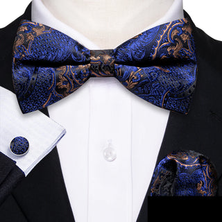 Blue Gold Paisley Pre-tied Bow Tie Pocket Square Cufflinks Set