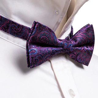 Purple Blue Paisley Pre-tied Bow Tie Pocket Square Cufflinks Set