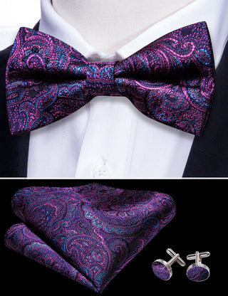 Purple Blue Paisley Pre-tied Bow Tie Pocket Square Cufflinks Set