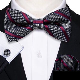 Black Burgundy Striped Pre-tied Bow Tie Pocket Square Cufflinks Set