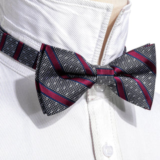Black Burgundy Striped Pre-tied Bow Tie Pocket Square Cufflinks Set