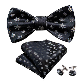 Christmas Black White Snowflake Bow Tie Pocket Square Cufflinks Set