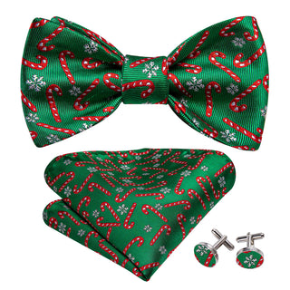 Christmas Green Red Crutch Bow Tie Pocket Square Cufflinks Set