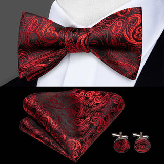 Black Red Paisley Pre-tied Bow Tie Pocket Square Cufflinks Set