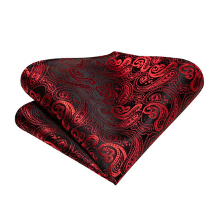Black Red Paisley Pre-tied Bow Tie Pocket Square Cufflinks Set
