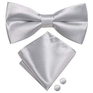 Silver Striped Pre-tied Bow Tie Pocket Square Cufflinks Set