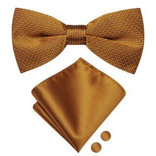 Golden Plaid Pre-tied Bow Tie Pocket Square Cufflinks Set