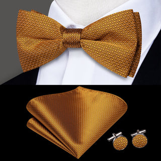 Golden Plaid Pre-tied Bow Tie Pocket Square Cufflinks Set