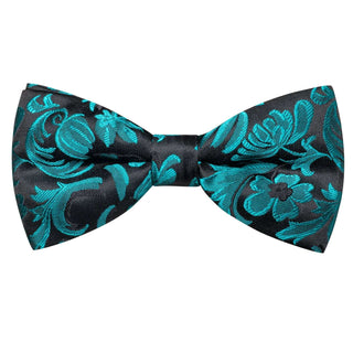 Black Green Floral Pre-tied Bow Tie Pocket Square Cufflinks Set