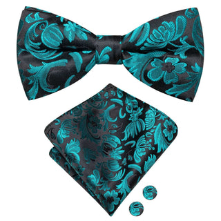 Black Green Floral Pre-tied Bow Tie Pocket Square Cufflinks Set