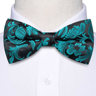 Black Green Floral Pre-tied Bow Tie Pocket Square Cufflinks Set