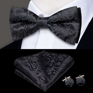 Black Paisley Pre-tied Silk Bow Tie Pocket Square Cufflinks Set