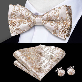 Champagne Brown Paisley Pre-tied Bow Tie Pocket Square Cufflinks Set