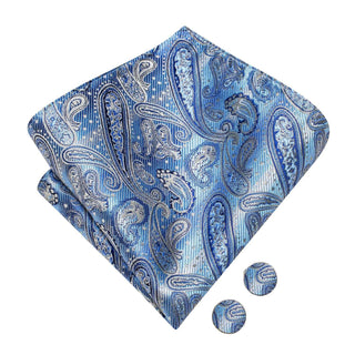 Blue Silver Paisley Pre-tied Bow Tie Pocket Square Cufflinks Set
