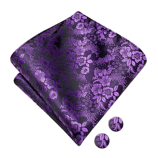 Purple Floral Pre-tied Bow Tie Pocket Square Cufflinks Set