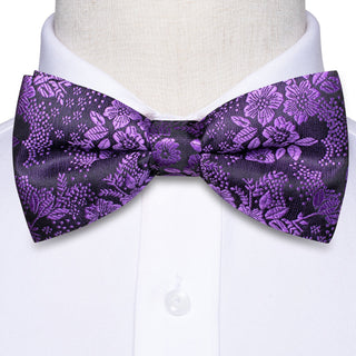 Purple Floral Pre-tied Bow Tie Pocket Square Cufflinks Set