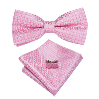 Pink Novelty Pre-tied Bow Tie Pocket Square Cufflinks Set