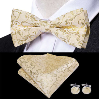 Beige Gold Floral Pre-tied Bow Tie Pocket Square Cufflinks Set