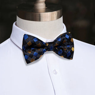 New Black Blue Yellow Cube Plaid Pre-tied Silk Bow Tie